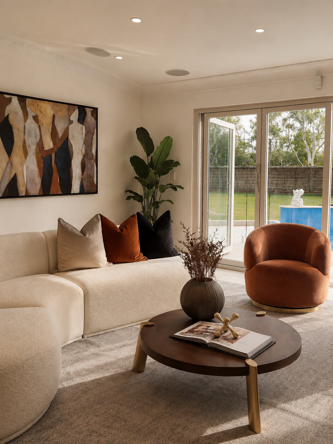 Living room with a curved cream sofa, a rust swivel chair, a round timber coffee table and glass doors to the garden