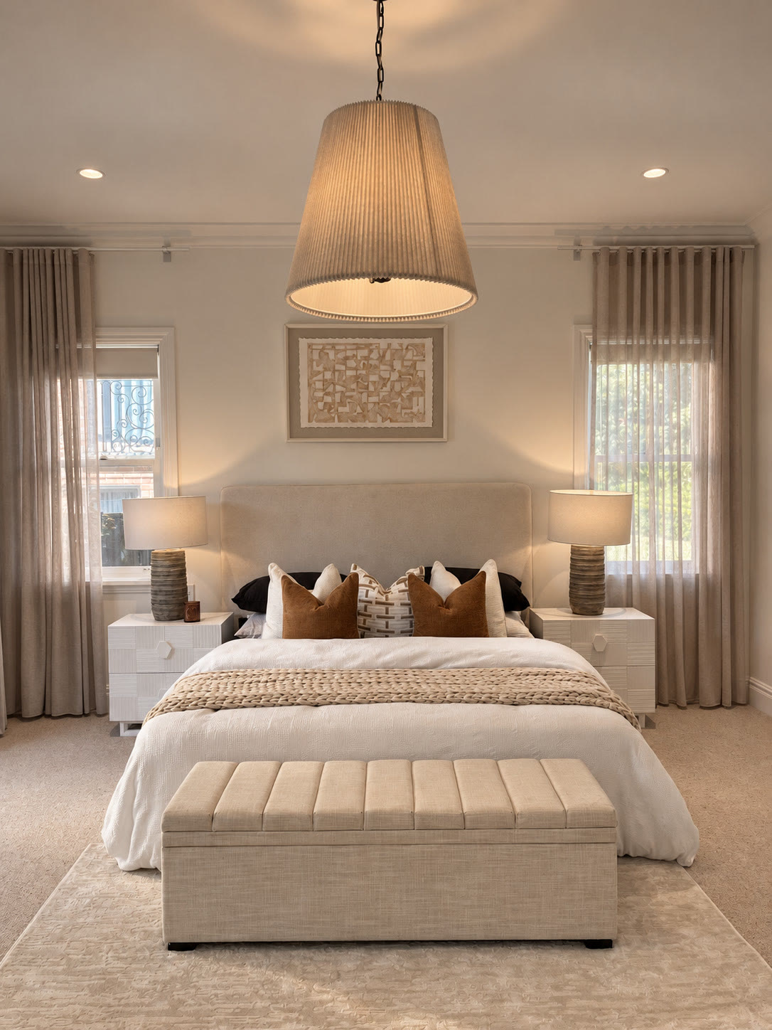 Bedroom with a pendant light, an upholstered bedhead, cream bedding with rust cushions and a ribbed bench at the foot of the bed