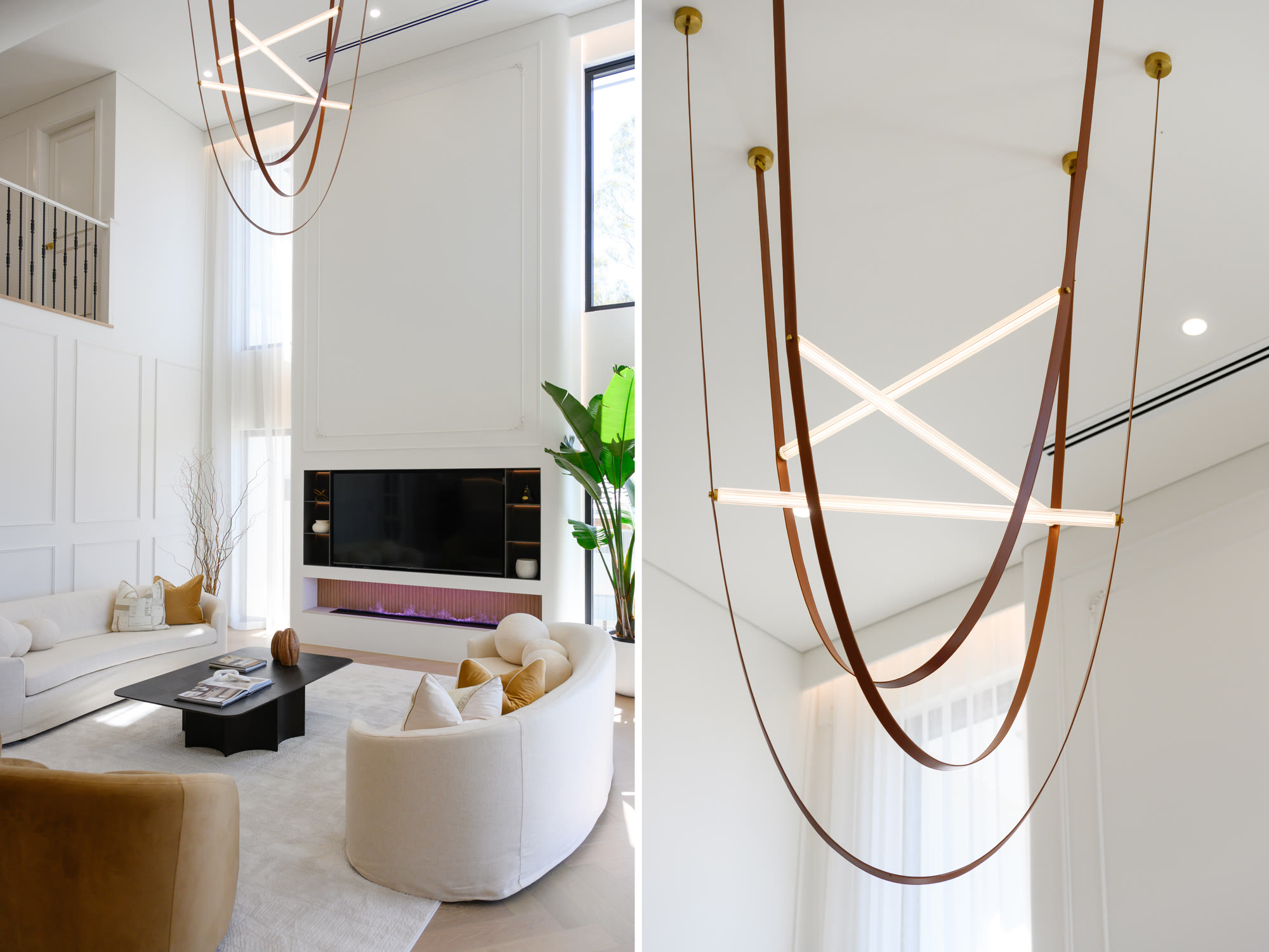 Two views of the living room: cream sofas around a black coffee table, and a sculptural copper pendant light with glowing tubes