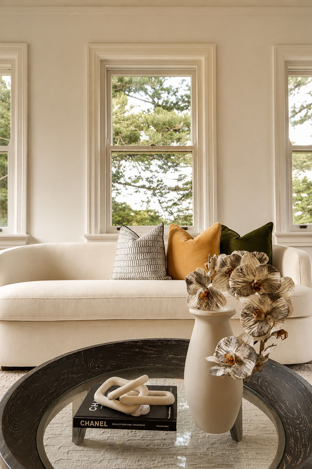 Window with a cream sofa, a round coffee table and a vase of dried flowers