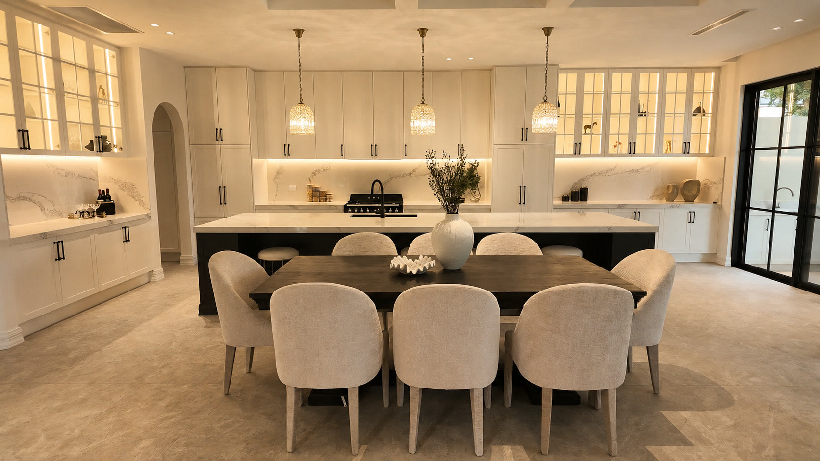 Open-plan kitchen and dining area with cream round-backed dining chairs