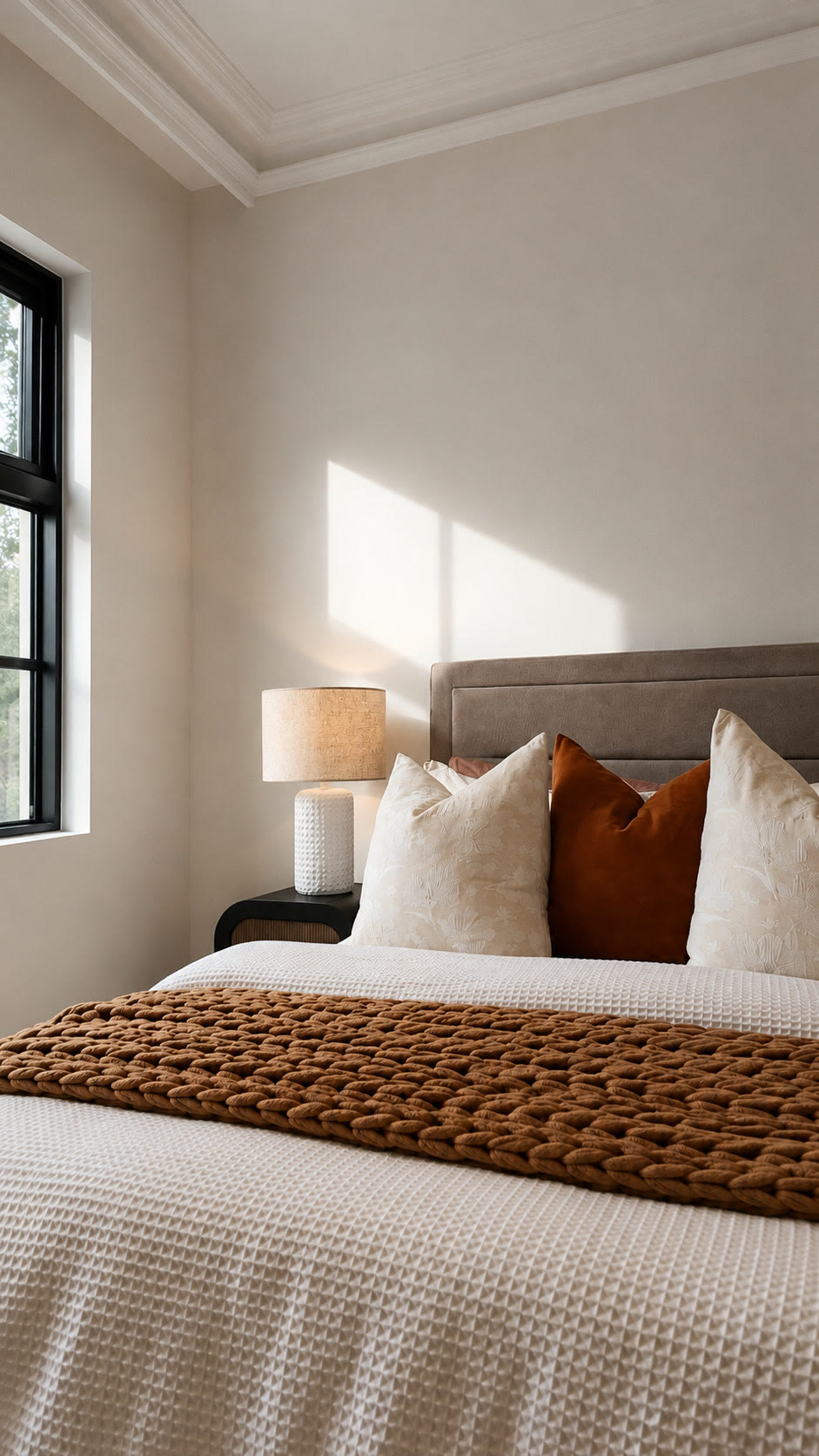 Bedroom with a rust knitted throw and cream bedding beside a window