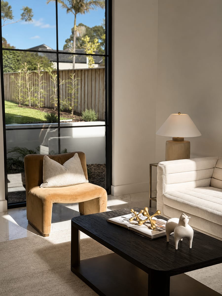 Living room with a cream sofa, black coffee table and floor-to-ceiling garden window