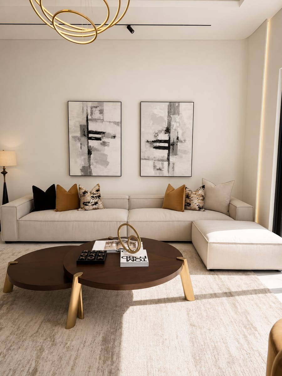Lounge with a modular sofa, round coffee tables and black and white artwork