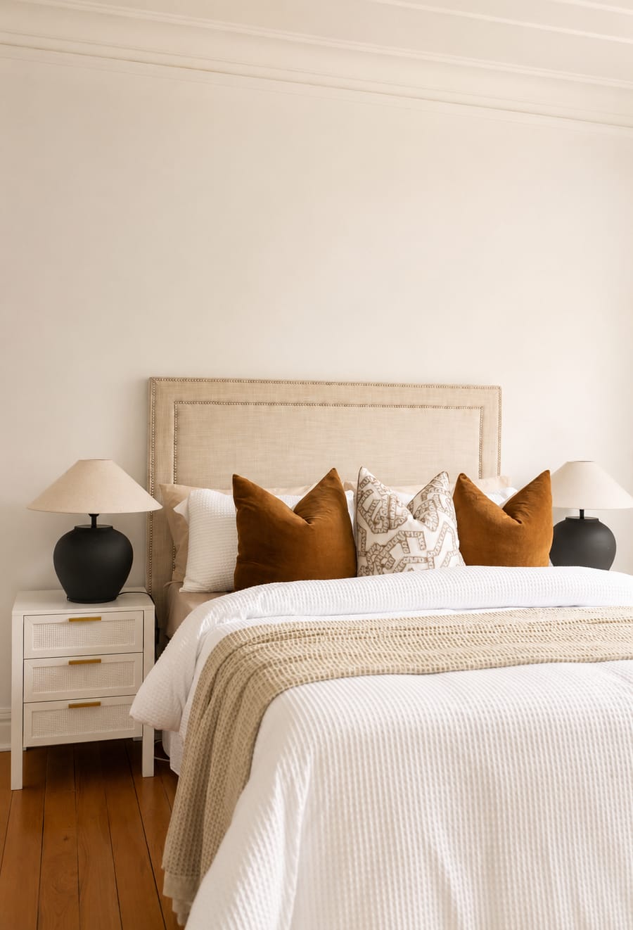 Bedroom with an upholstered bedhead and mustard cushions
